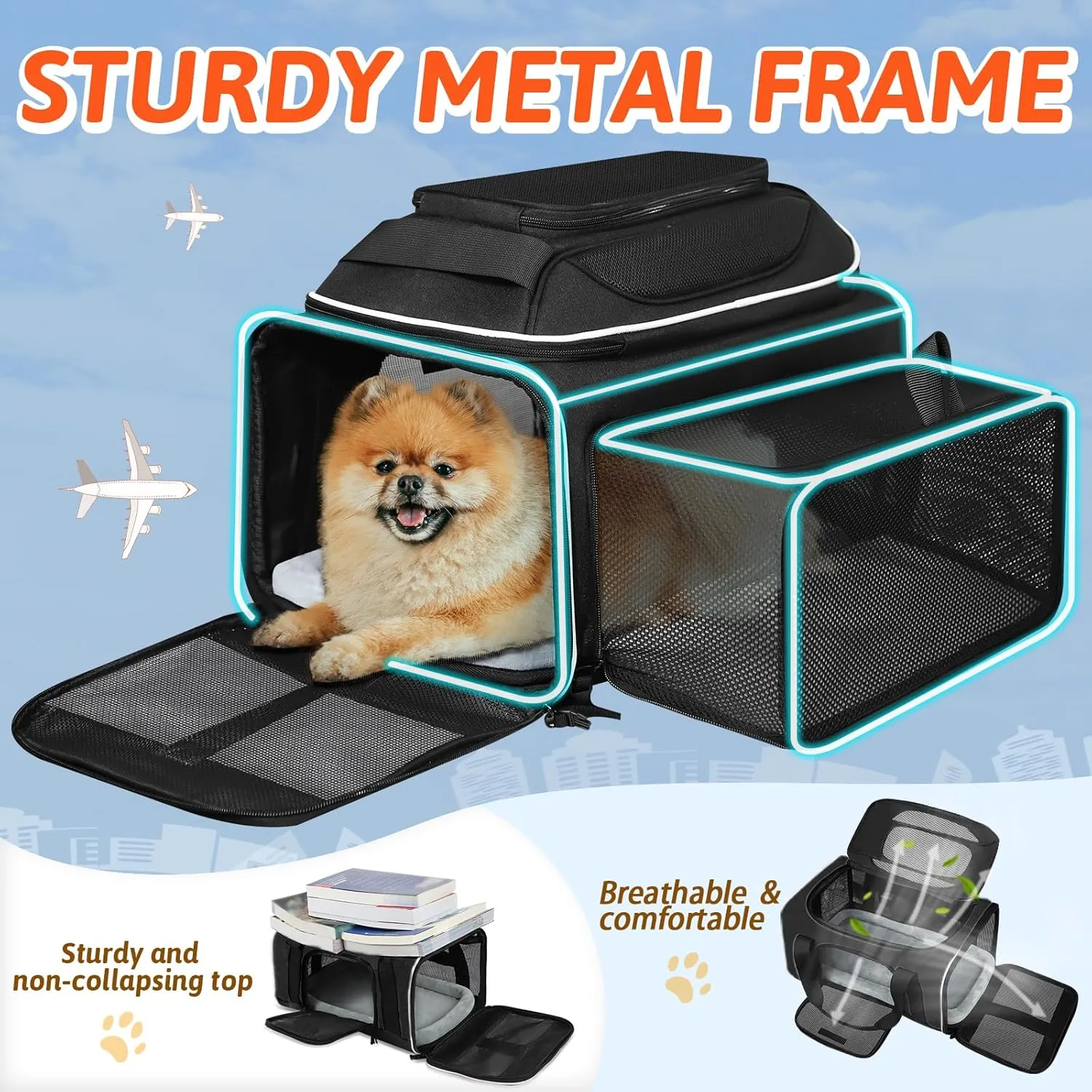 Petskd Top and Side Expandable Pet Carrier 17x11x9.5 Inches Alaska Airline Approved, Soft-Sided Carrier for Small Cats and Dogs with Locking Safety Zippers and Anti-Scratch Mesh(Black)