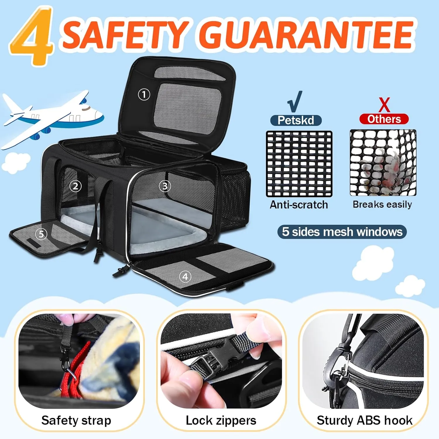 Petskd Top and Side Expandable Pet Carrier 17x11x9.5 Inches Alaska Airline Approved, Soft-Sided Carrier for Small Cats and Dogs with Locking Safety Zippers and Anti-Scratch Mesh(Black)
