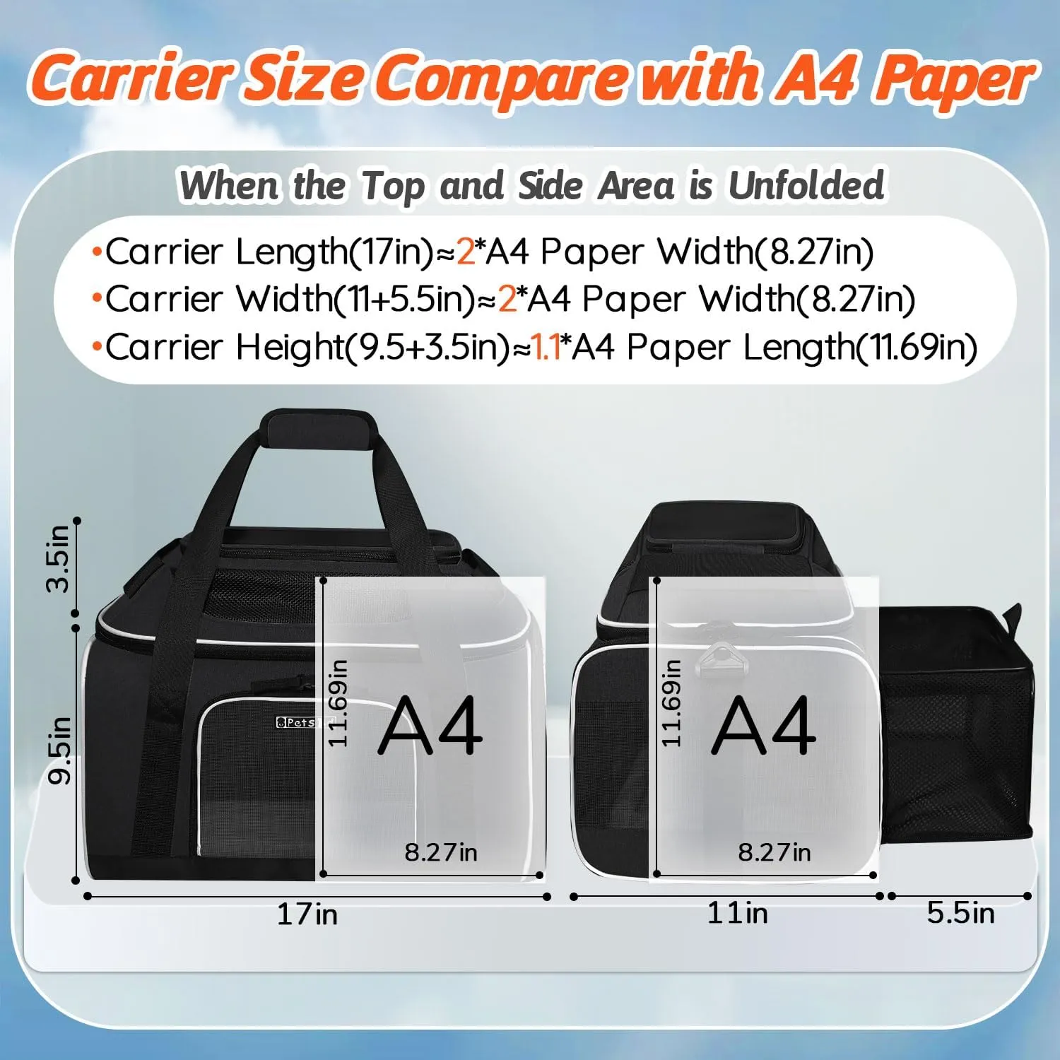 Petskd Top and Side Expandable Pet Carrier 17x11x9.5 Inches Alaska Airline Approved, Soft-Sided Carrier for Small Cats and Dogs with Locking Safety Zippers and Anti-Scratch Mesh(Black)