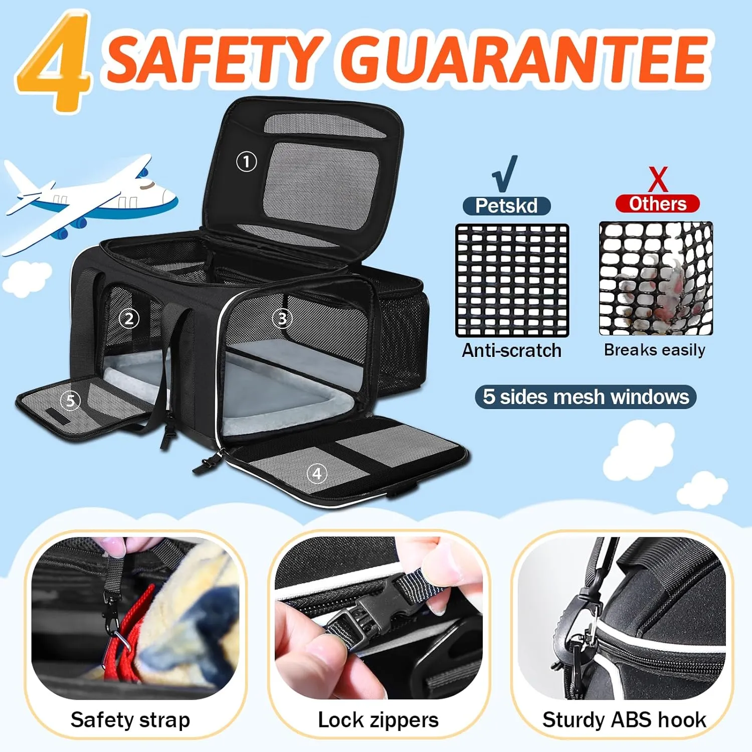 Petskd Top and Side Expandable Pet Carrier 17x12x8.5 Inches JetBlue Frontier Spirit Airline Approved, Soft-Sided Carrier for Small Cats and Dogs with Locking Safety Zipper and Anti-Scratch Mesh(Black)