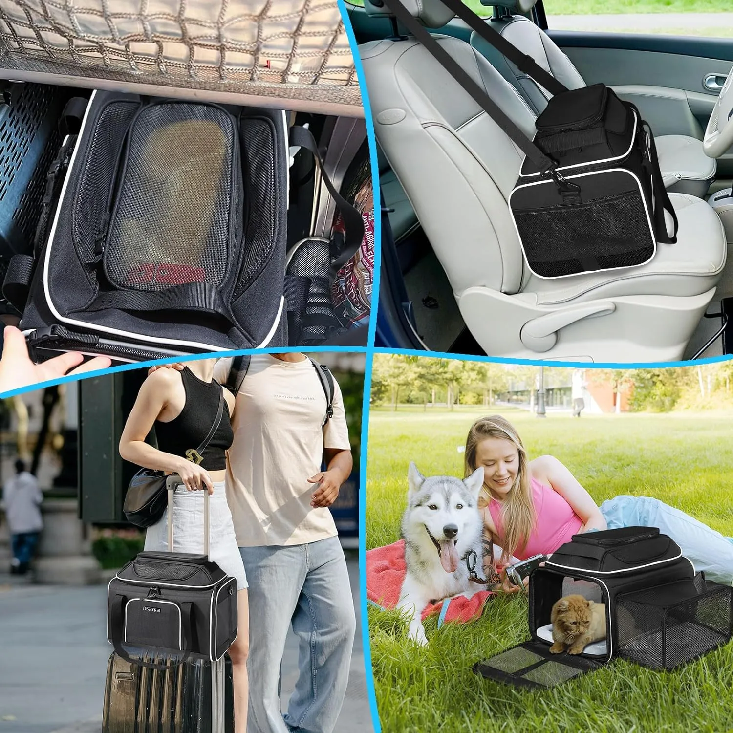 Petskd Top and Side Expandable Pet Carrier 17x12x8.5 Inches JetBlue Frontier Spirit Airline Approved, Soft-Sided Carrier for Small Cats and Dogs with Locking Safety Zipper and Anti-Scratch Mesh(Black)