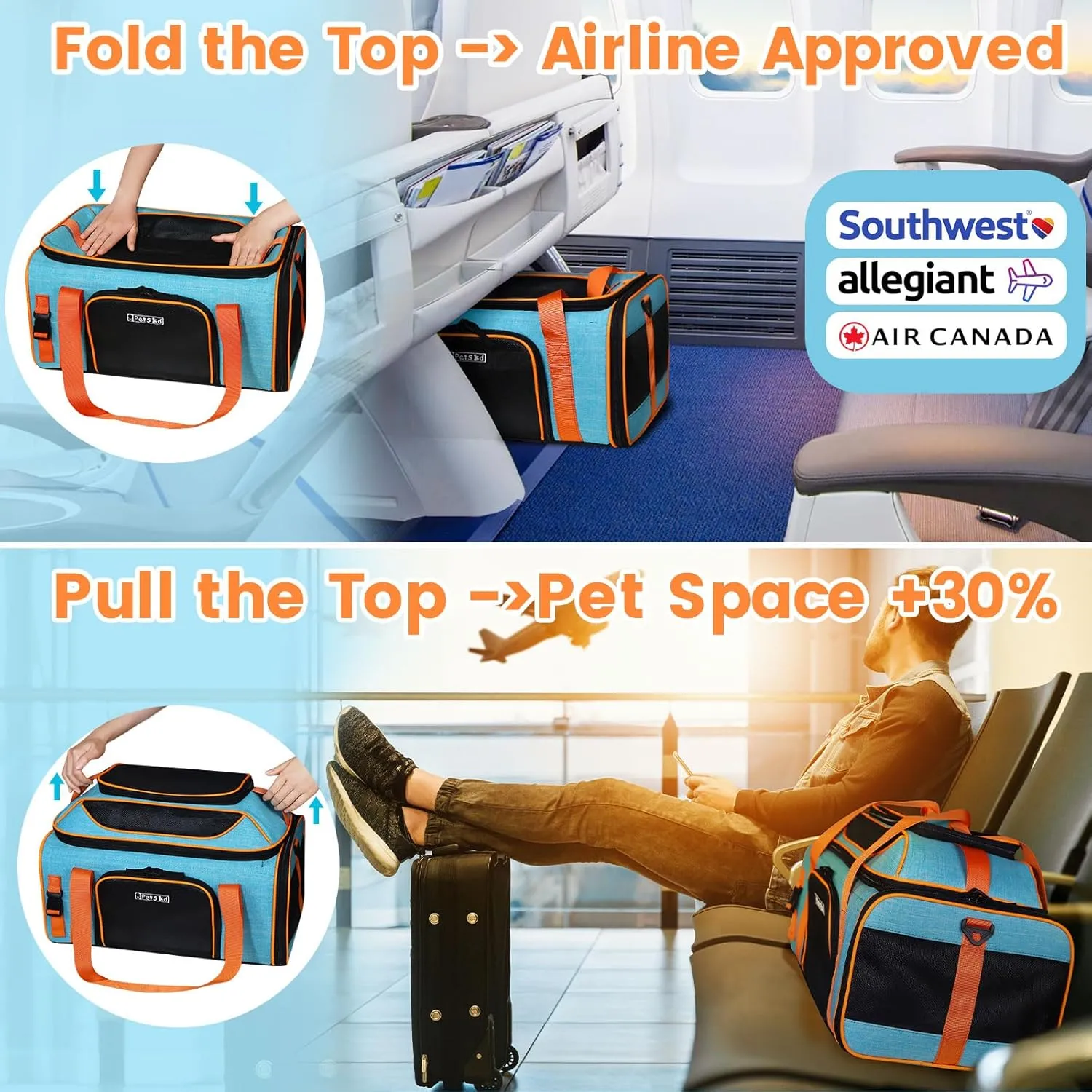 Petskd Top-Expandable Pet Carrier 19x13x9 Inches Southwest Allegiant Airlines Approved, Soft-Sided Carrier for Small Dog Under 12 lbs and Large Cat Under 15 lbs(Blue)