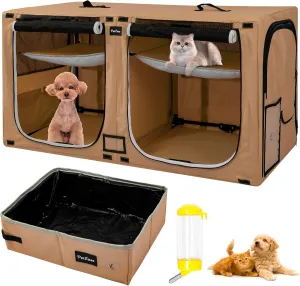 Portable Double Pet Crate, Twin Compartment Cat Show House, Enclosure Playpen with Litter Box, Water Bottle Mat and Hammock