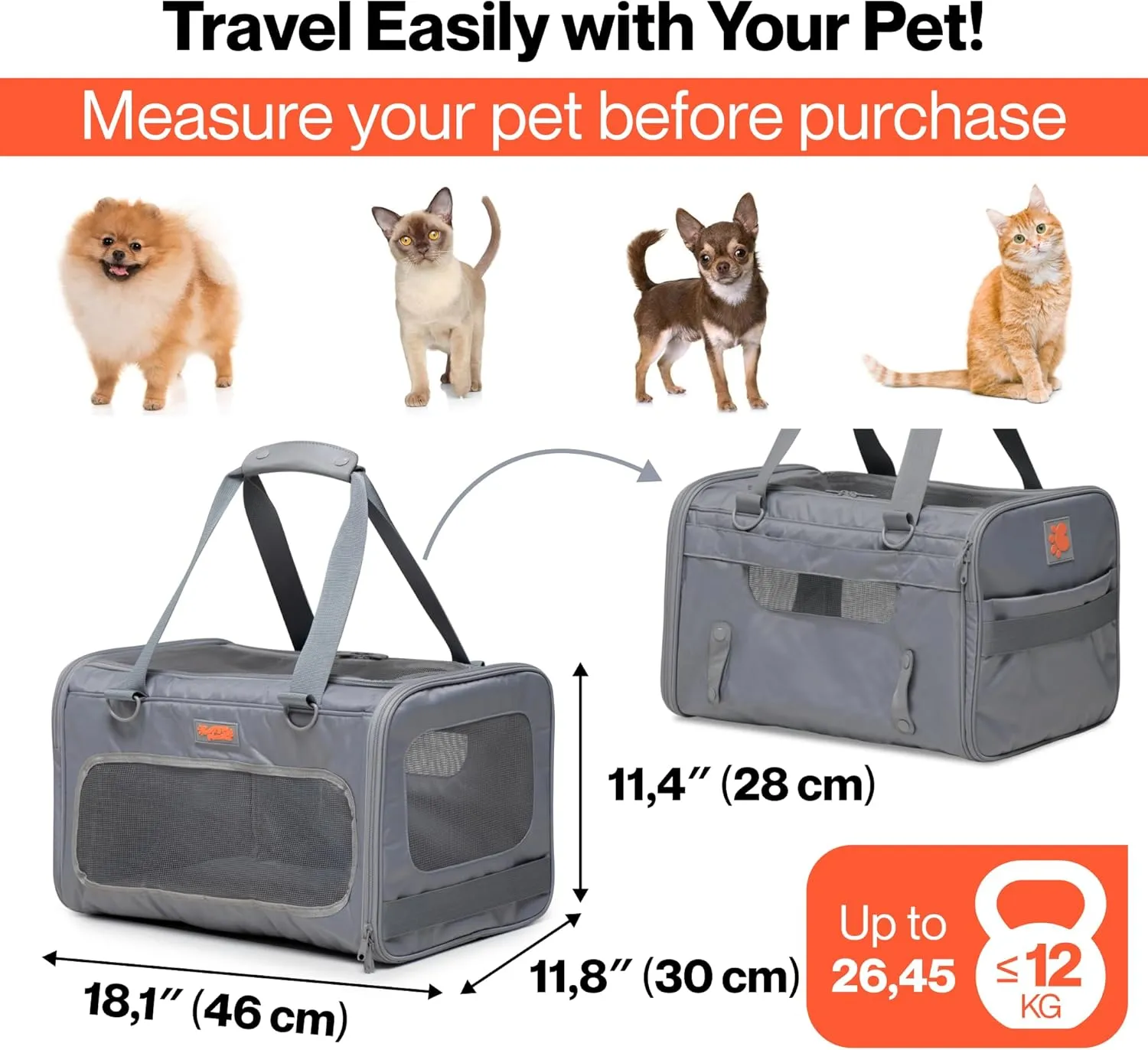 Portable Soft-Sided Carrier for Kittens & Puppies  Airline Approved Pet Travel Bag for Cats & Small Dogs up to 26.45 lbs, Breathable, Comfortable & Collapsible (Grey)
