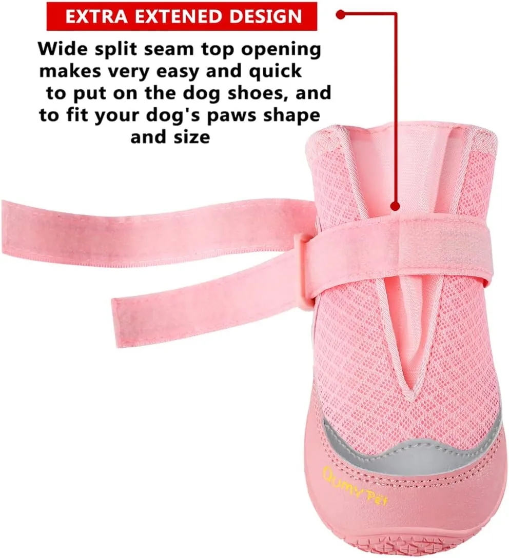 QUMY 4PCS Dog Boots for Large Dogs, Medium Dog Shoes & Paw Protectors for Hot Pavement, Summer Heat Protection, Mesh Breathable Nonslip Dog Booties for Hardfloors, Walking Running Hiking Pink Size 2