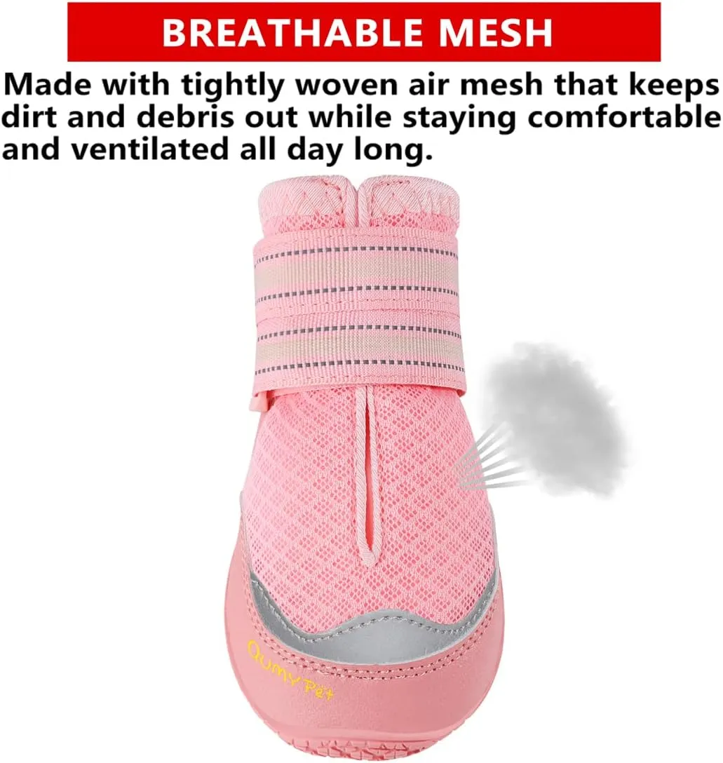 QUMY 4PCS Dog Boots for Large Dogs, Medium Dog Shoes & Paw Protectors for Hot Pavement, Summer Heat Protection, Mesh Breathable Nonslip Dog Booties for Hardfloors, Walking Running Hiking Pink Size 2