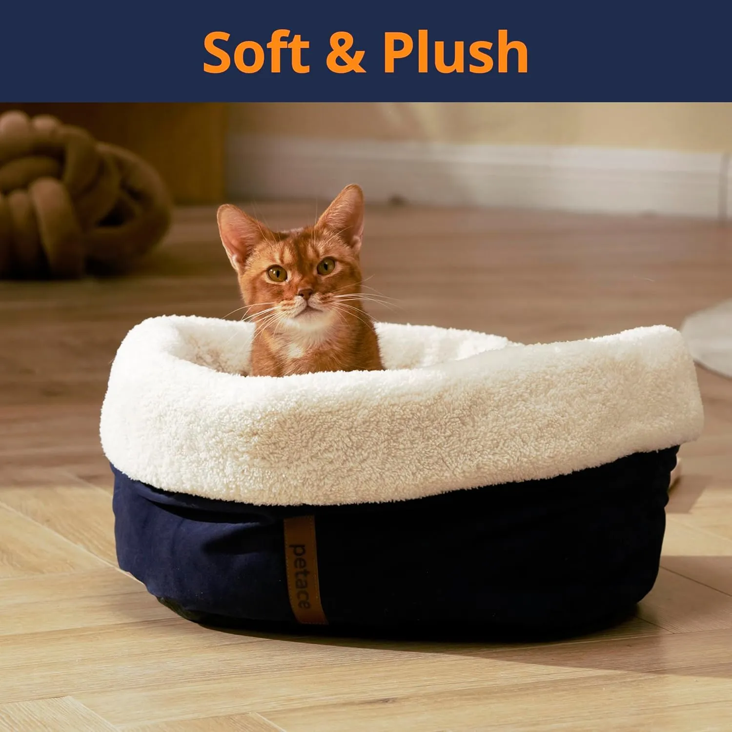 Self Warming Cat Bed, 17.7" x 13.7" Anti-Slip Soft Round Thermal Pet Cushion Bed for Kittens, Cats, Puppies and Small Dogs, Blue