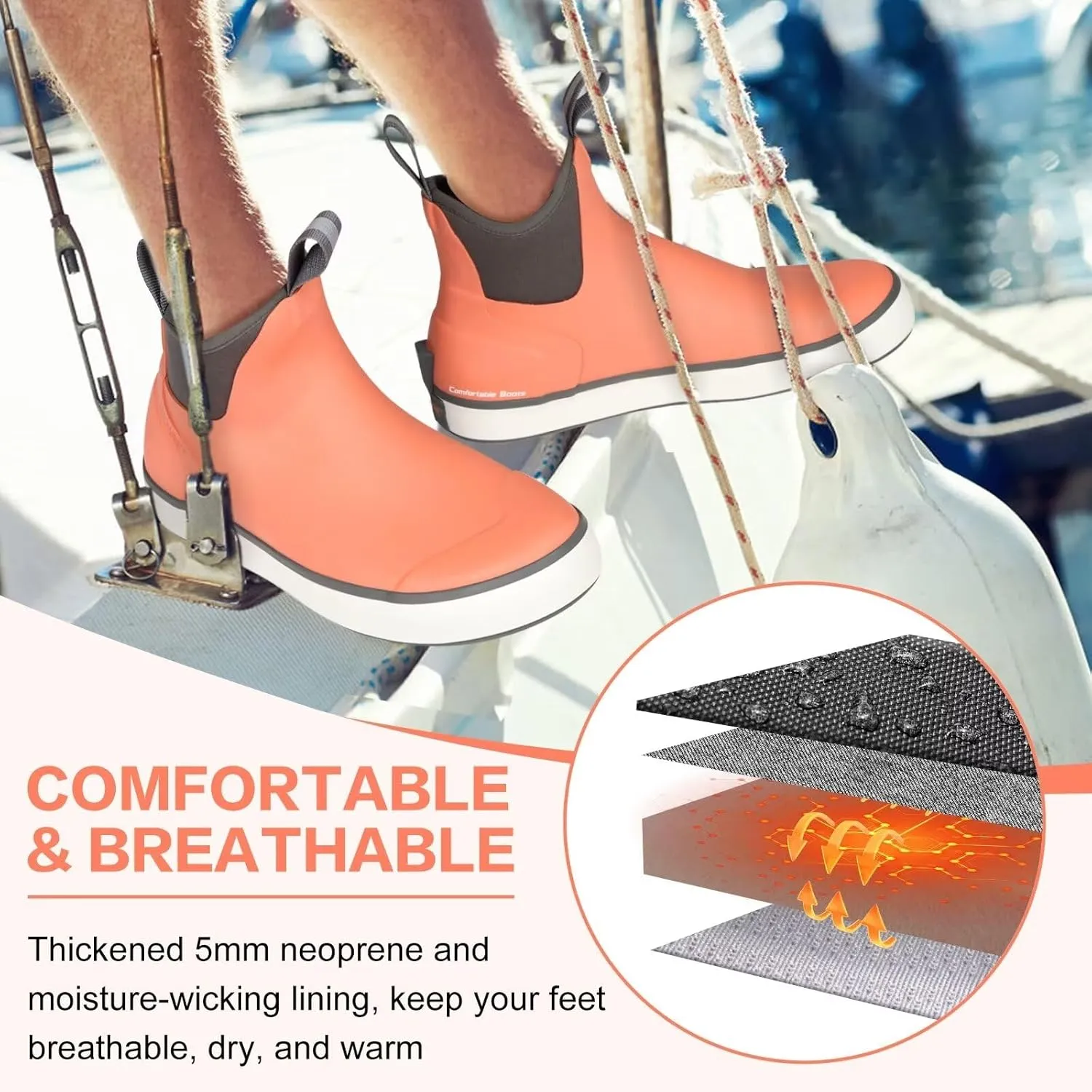 Showave Mens Deck Boots Waterproof Ankle Saltwater Rain Boot Fishing Rubber Boots Slip On Neoprene Boat Booties Work Sailing Boot For Men