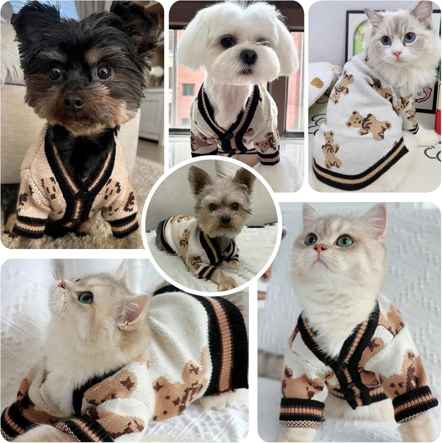 Small Dog Sweaters Cute Bear Dog Cardigans Clothes for Small Medium Dogs Boy Girl Puppy Cat Knitting Cardigan Outfits Dogs Winter Coats Warm Pet Doggy Clothes Soft Knitwear Apparel (Beige,XL)