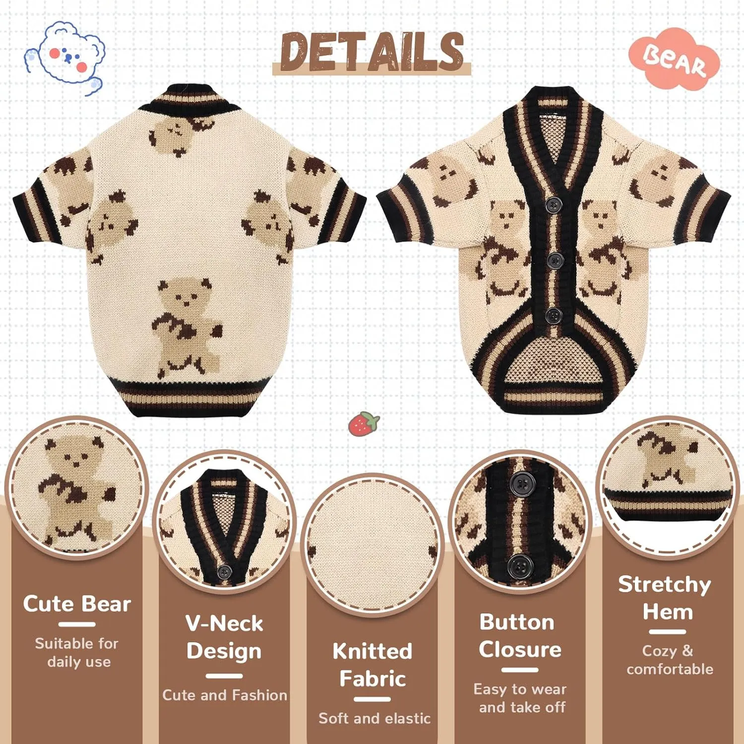 Small Dog Sweaters Cute Bear Dog Cardigans Clothes for Small Medium Dogs Boy Girl Puppy Cat Knitting Cardigan Outfits Dogs Winter Coats Warm Pet Doggy Clothes Soft Knitwear Apparel (Beige,XL)