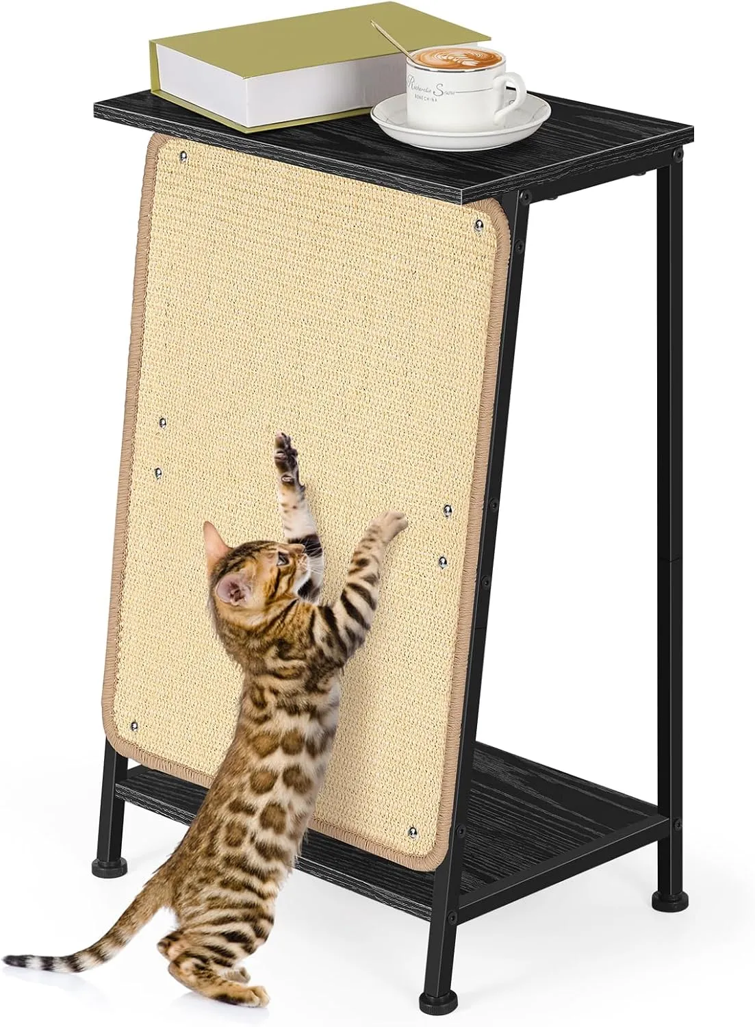 smusei Cat Scratcher and End Table, Black Side Table with Detachable Sisal Scratching Pad Vertical Cat Scratching Board for Indoor Cats Kittens, Modern Cat Furniture Sofa Table for Living Room