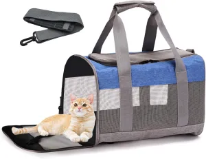 Soft Sided Pet Carrier for Cat,Airline Approved Cat Carriers Collapsible Portable Kitten Travel Crate Breathable Ventilated Grey Blue Puppy Carrying Bag Under to 15 Lb
