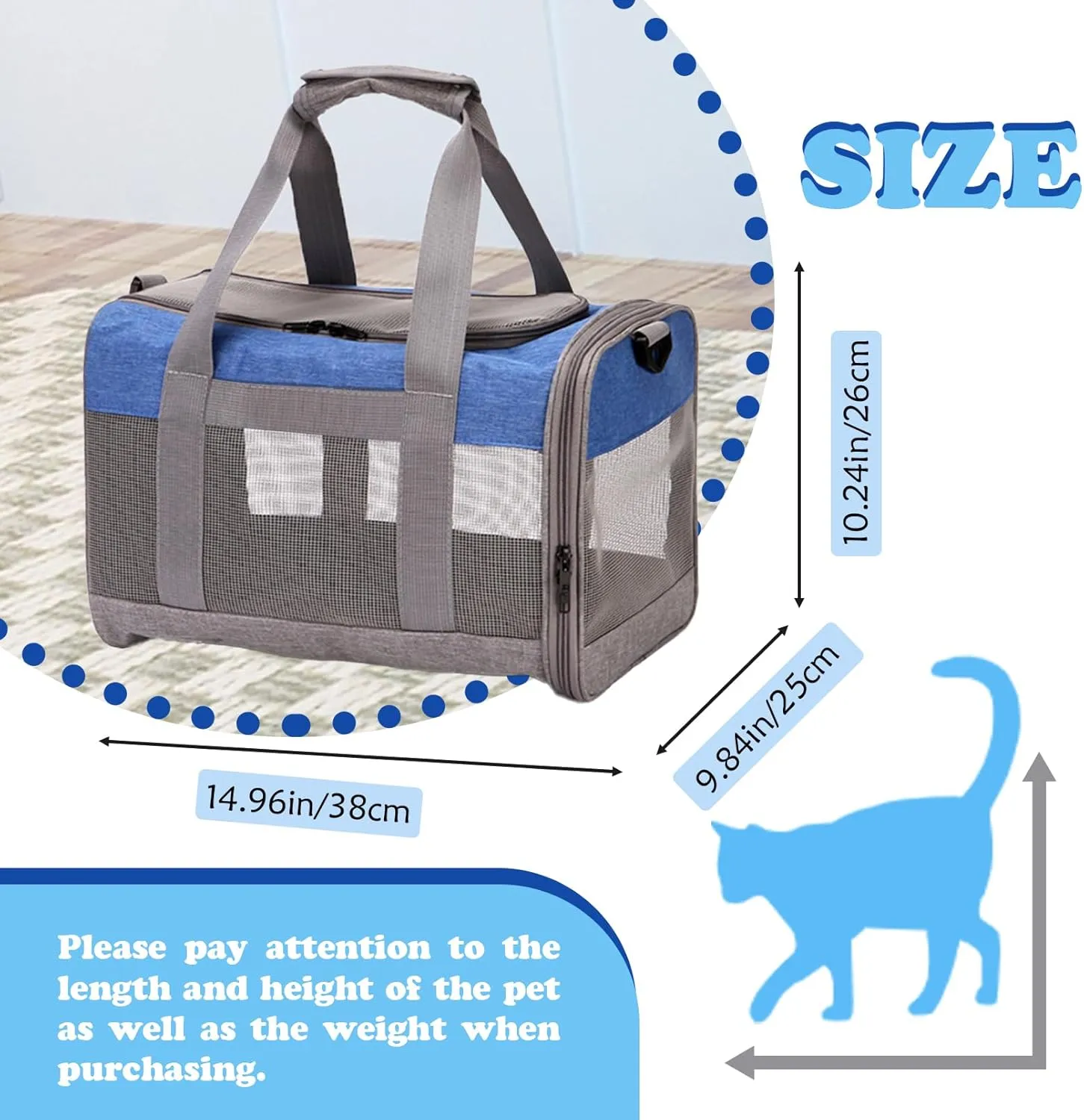 Soft Sided Pet Carrier for Cat,Airline Approved Cat Carriers Collapsible Portable Kitten Travel Crate Breathable Ventilated Grey Blue Puppy Carrying Bag Under to 15 Lb