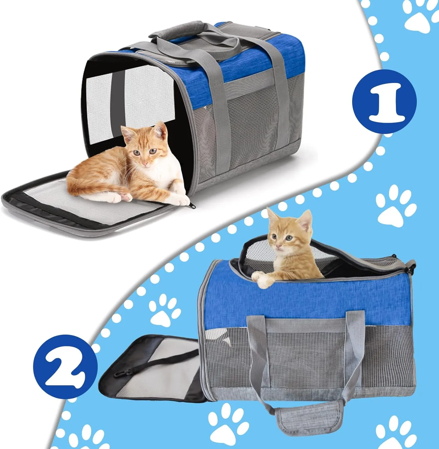 Soft Sided Pet Carrier for Cat,Airline Approved Cat Carriers Collapsible Portable Kitten Travel Crate Breathable Ventilated Grey Blue Puppy Carrying Bag Under to 15 Lb