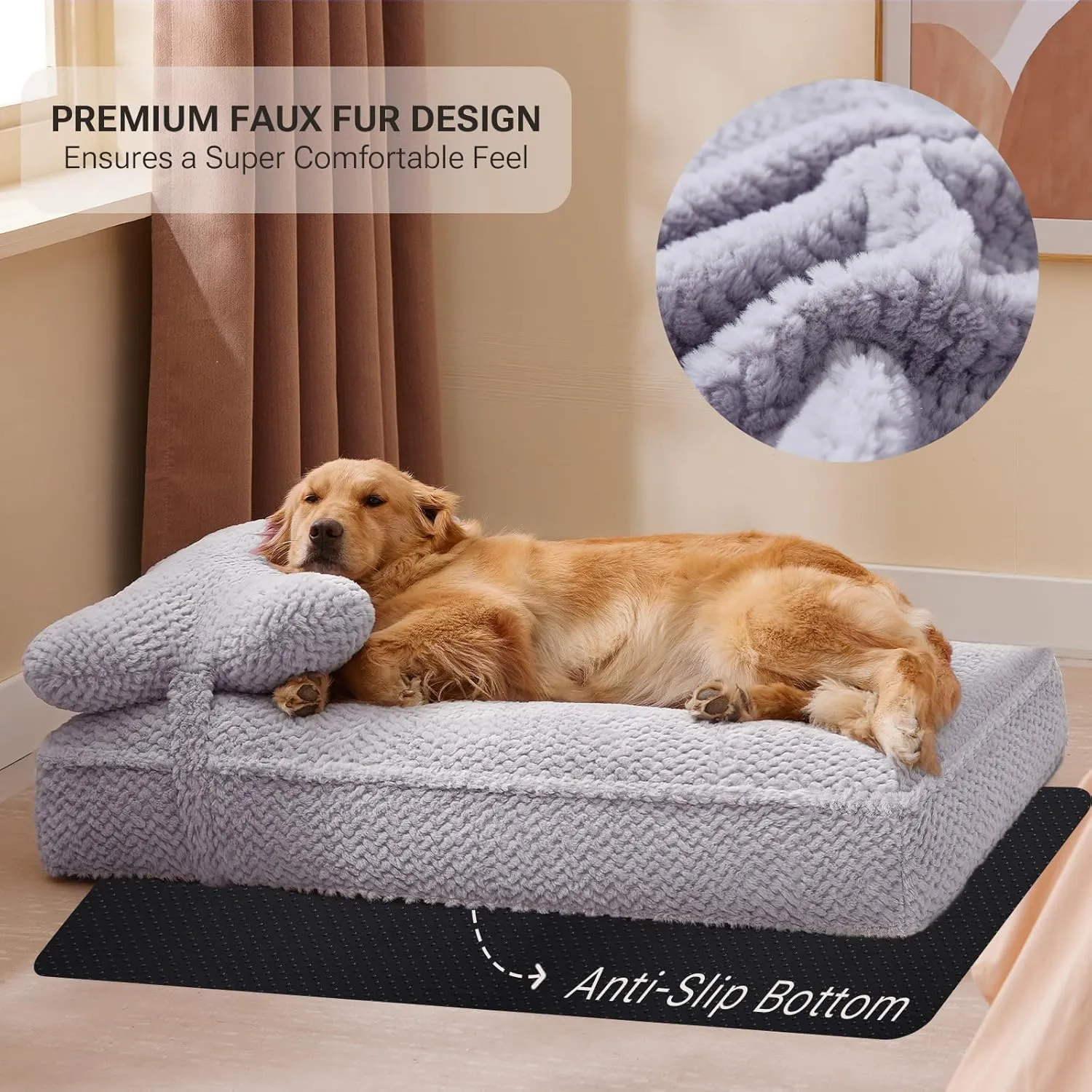 Soft Touch Orthopedic Dog Beds for Large Dogs, Extra Large Waterproof Dog Crate Bed with Removable Washable Cover, Attachable Pillow Cushion, Non-Slip Bottom (Grey, X-Large)