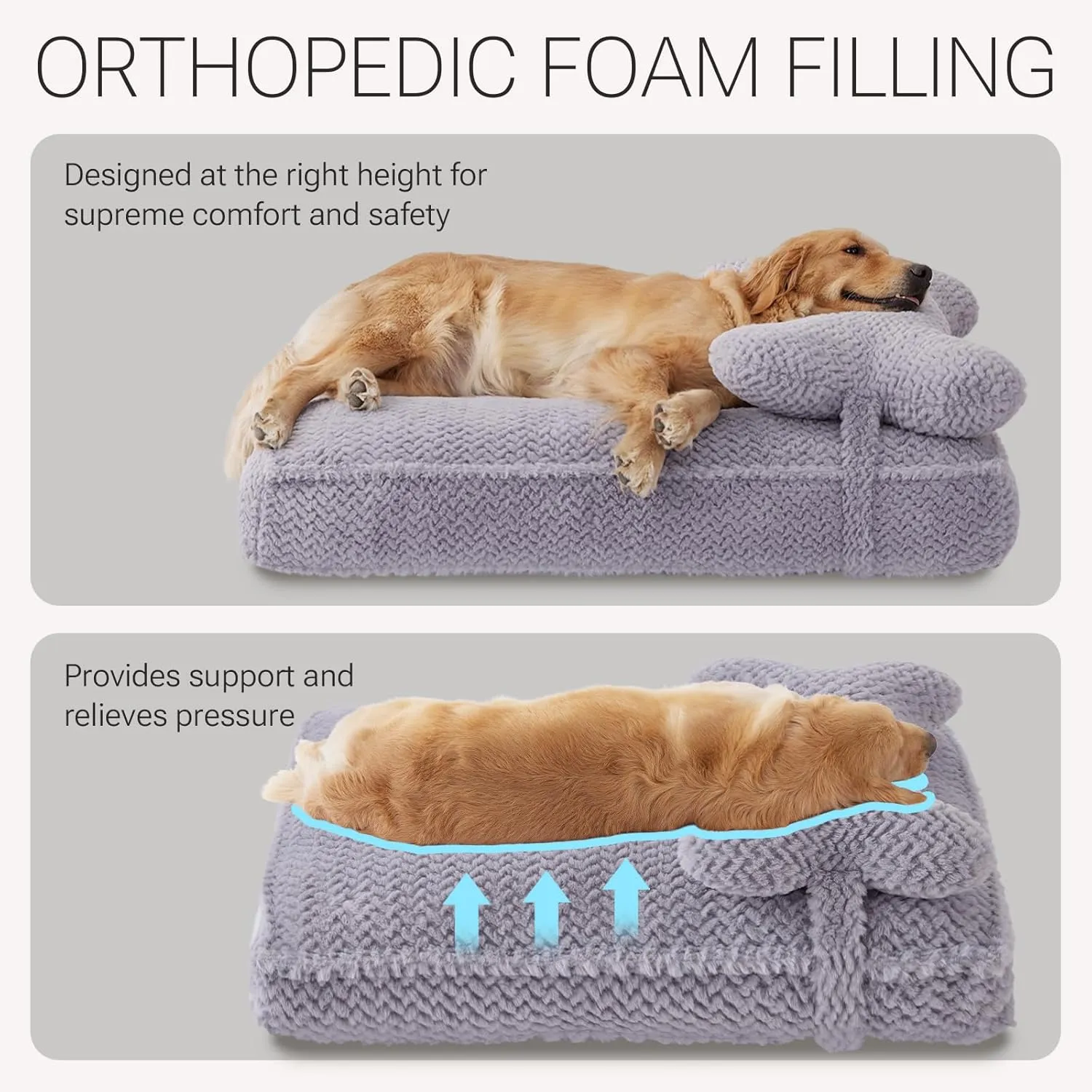 Soft Touch Orthopedic Dog Beds for Large Dogs, Extra Large Waterproof Dog Crate Bed with Removable Washable Cover, Attachable Pillow Cushion, Non-Slip Bottom (Grey, X-Large)