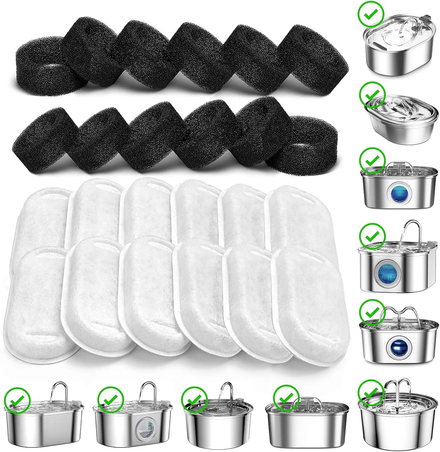 SOOFPET Cat Water Fountain Filters, 24 Pieces (12 Carbon   12 Sponge), Replacement for 108oz/3.2L Stainless Steel Fountain