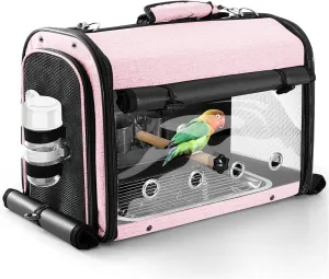 SUERTREE Bird Carrier Bag Bird Travel Cage with Stand, Lightweight Backpack for Parrot, Portable Bird Travel Bag, Pet Transparent Breathable Travel Cage, Pink