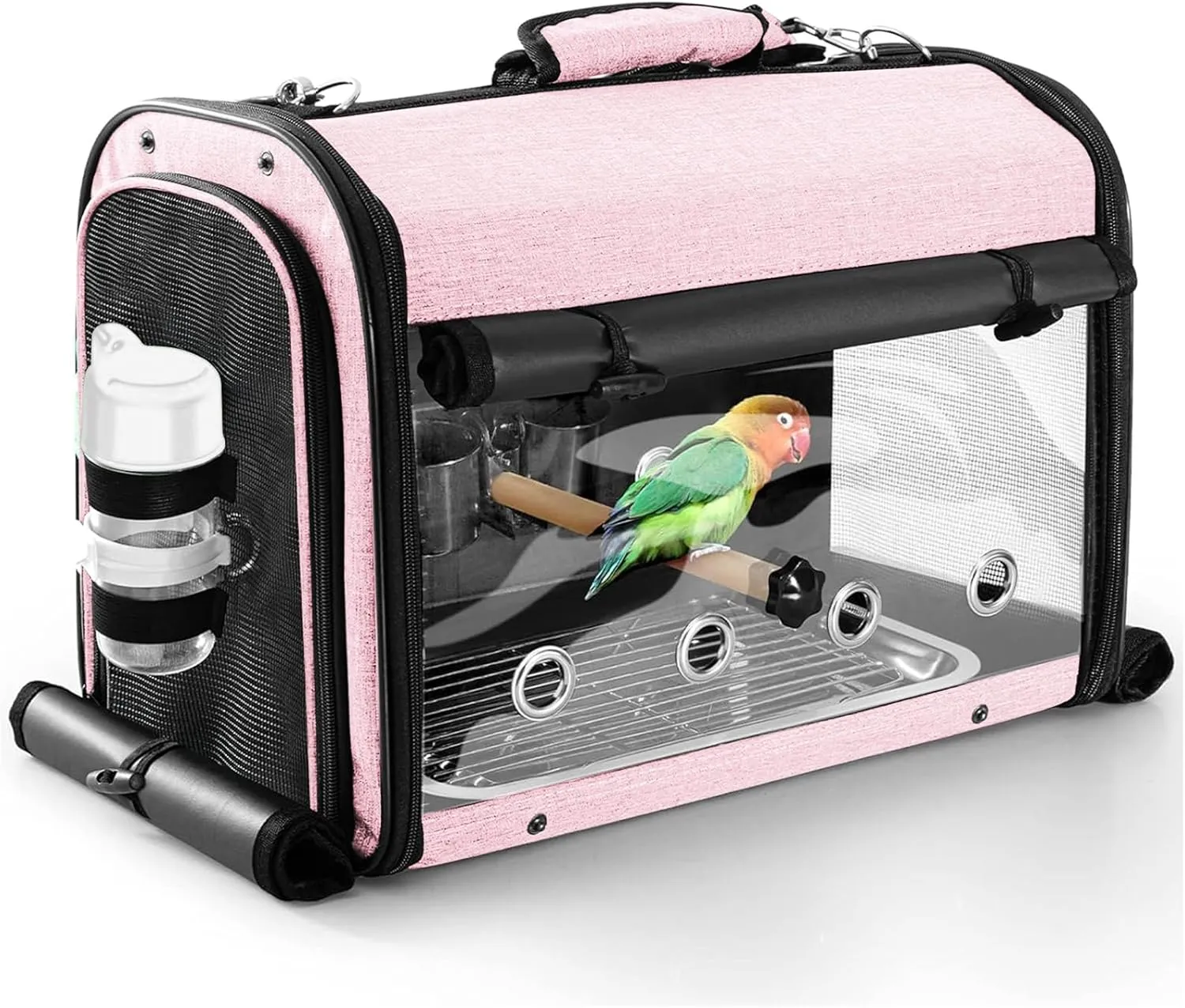 SUERTREE Bird Carrier Bag Bird Travel Cage with Stand, Lightweight Backpack for Parrot, Portable Bird Travel Bag, Pet Transparent Breathable Travel Cage, Pink