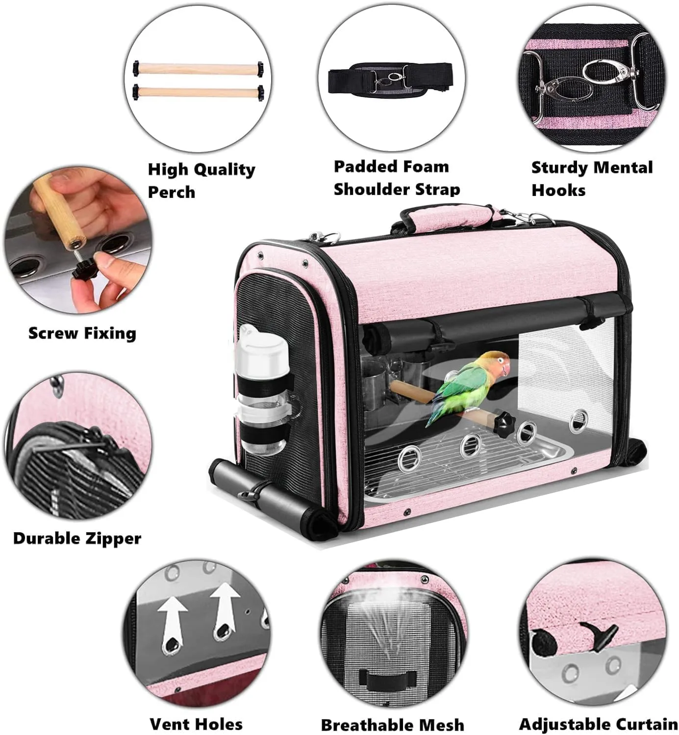 SUERTREE Bird Carrier Bag Bird Travel Cage with Stand, Lightweight Backpack for Parrot, Portable Bird Travel Bag, Pet Transparent Breathable Travel Cage, Pink