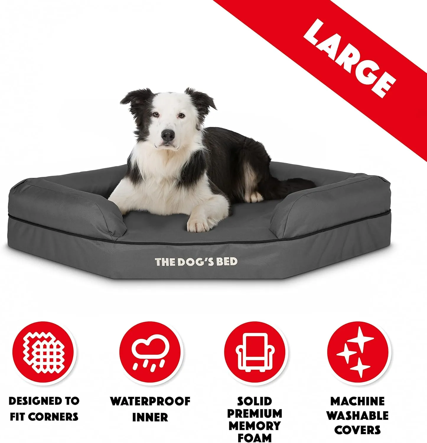 The Dogs Bed Medium Support Memory Foam Waterproof Corner Dog Bed, Large, Grey & Black Trim, Eases Pet Arthritis & Hip Dysplasia Pain, Therapeutic & Supportive, Washable Oxford Fabric Cover