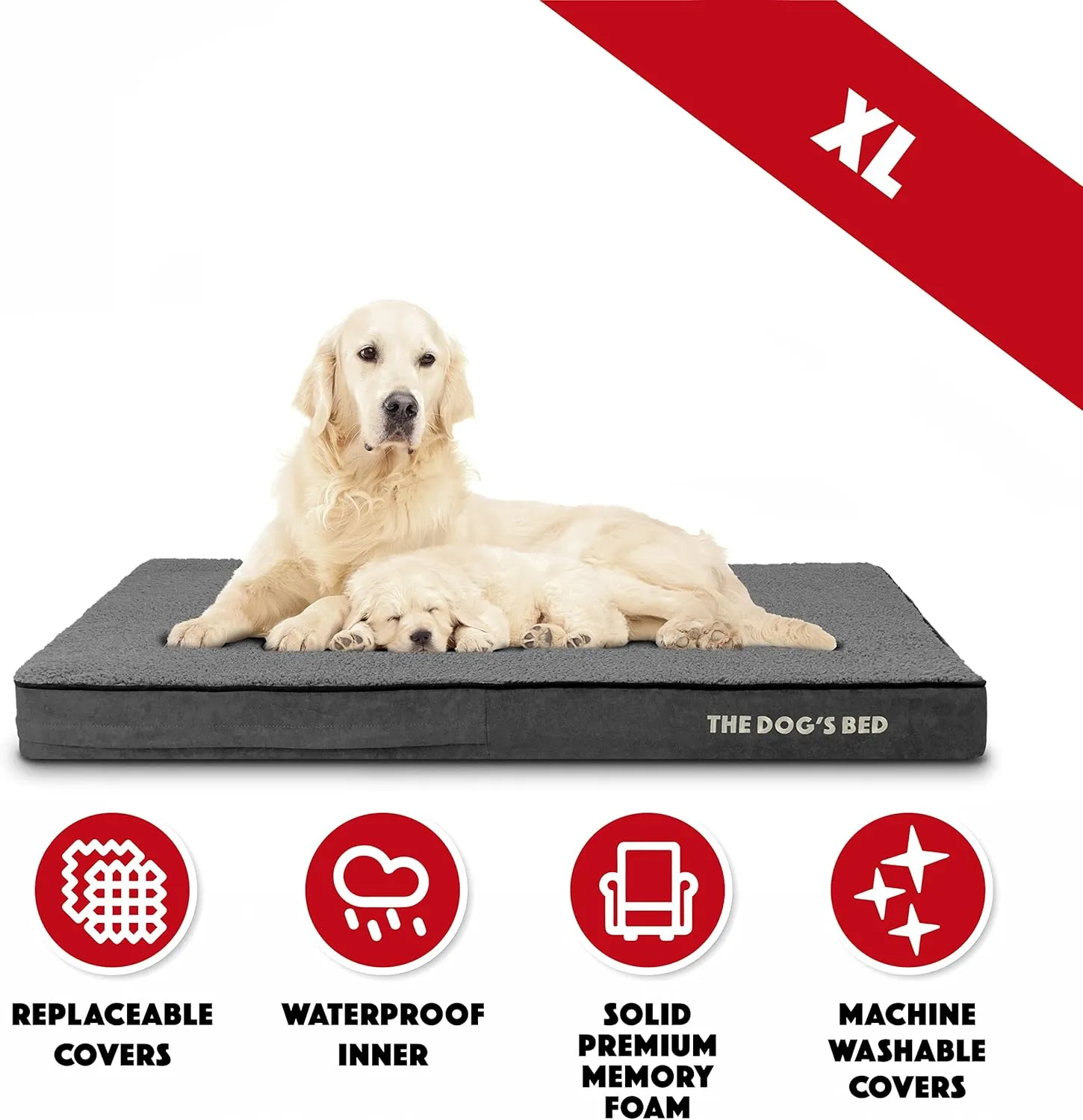 The Dogs Bed Orthopedic Memory Foam Dog Bed, XL Grey Plush 46x28x4, Pain Relief for Arthritis, Hip & Elbow Dysplasia, Post Surgery, Lameness, Supportive, Calming, Waterproof Washable Cover