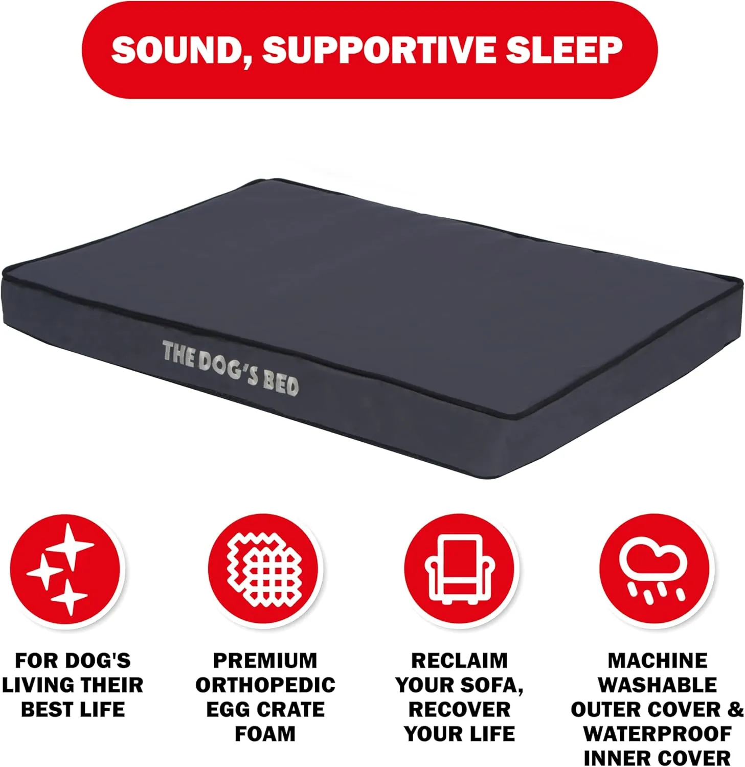 The Dogs Bed Orthopedic Standard Foam Dog Bed with Standard Support, Large Grey with Black Trim, Waterproof, Supportive Dog Bed with Replaceable Covers, Veterinary Approved