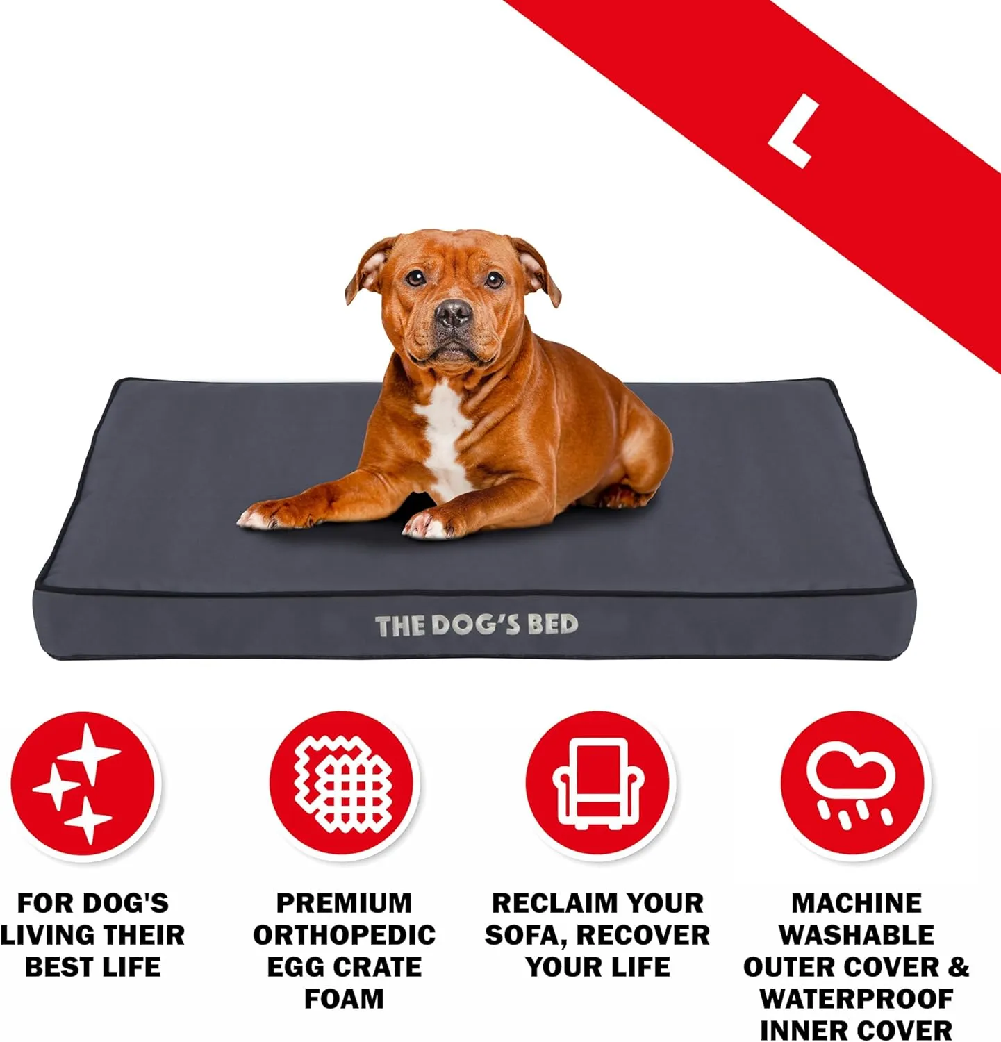 The Dogs Bed Orthopedic Standard Foam Dog Bed with Standard Support, Large Grey with Black Trim, Waterproof, Supportive Dog Bed with Replaceable Covers, Veterinary Approved