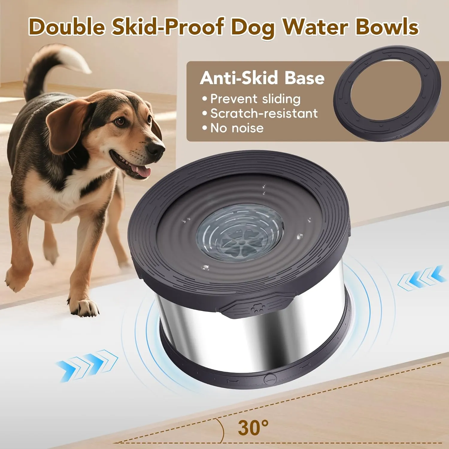 UPSKY Dog Water Bowl No Spill 10L Stainless Steel, 2.6 Gallon Large Capacity Spill-Proof Dog Bowls, Non-Slip Slow Drinking Anti-Splash Bowl for Large Messy Drinkers, No Mess Indoor/Outdoor Use, Gray