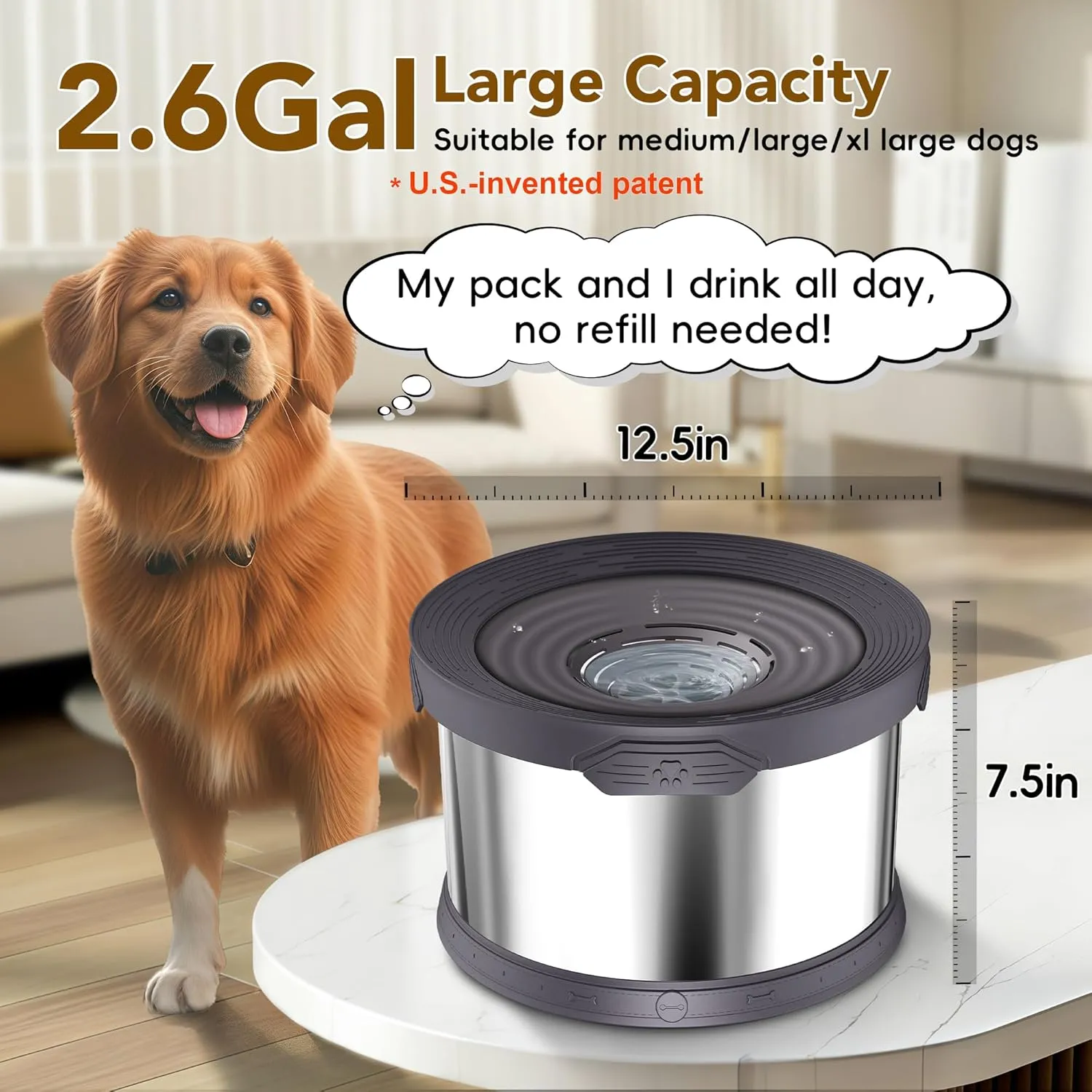 UPSKY Dog Water Bowl No Spill 10L Stainless Steel, 2.6 Gallon Large Capacity Spill-Proof Dog Bowls, Non-Slip Slow Drinking Anti-Splash Bowl for Large Messy Drinkers, No Mess Indoor/Outdoor Use, Gray