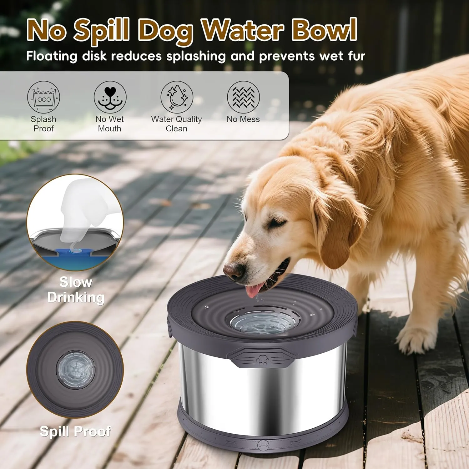 UPSKY Dog Water Bowl No Spill 10L Stainless Steel, 2.6 Gallon Large Capacity Spill-Proof Dog Bowls, Non-Slip Slow Drinking Anti-Splash Bowl for Large Messy Drinkers, No Mess Indoor/Outdoor Use, Gray