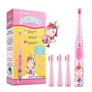 Vekkia Sonic Rechargeable Kids Electric Toothbrush, 3 Modes with Memory, Fun & Easy Cleaning, 24000 Strokes, IPX7 Waterproof, 2-Min Timer for Age 5 , 4 Soft Bristles(Pink)