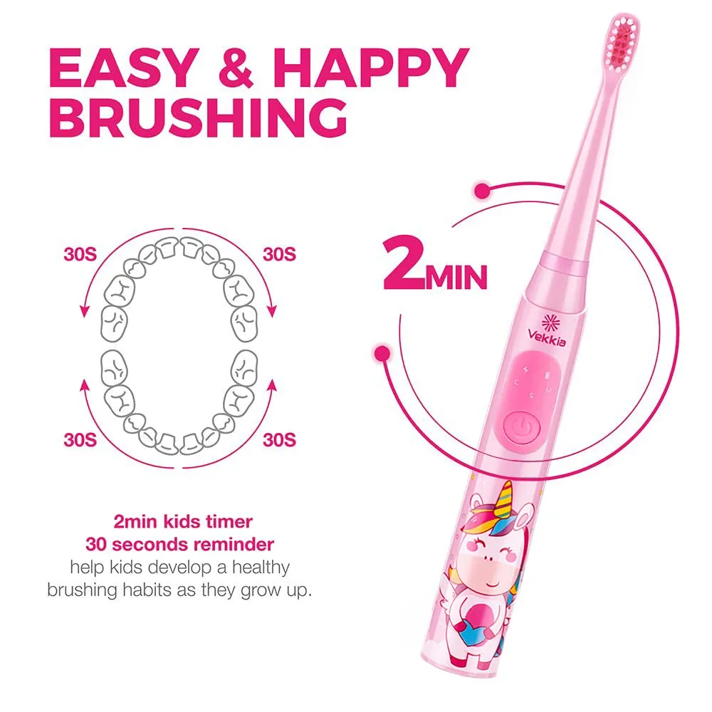 Vekkia Sonic Rechargeable Kids Electric Toothbrush, 3 Modes with Memory, Fun & Easy Cleaning, 24000 Strokes, IPX7 Waterproof, 2-Min Timer for Age 5 , 4 Soft Bristles(Pink)