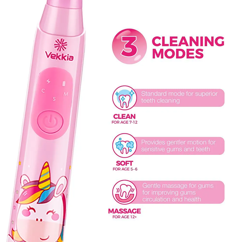 Vekkia Sonic Rechargeable Kids Electric Toothbrush, 3 Modes with Memory, Fun & Easy Cleaning, 24000 Strokes, IPX7 Waterproof, 2-Min Timer for Age 5 , 4 Soft Bristles(Pink)