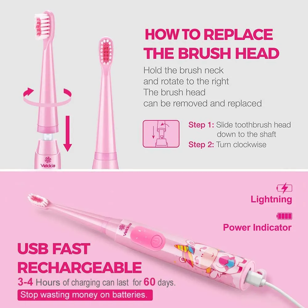 Vekkia Sonic Rechargeable Kids Electric Toothbrush, 3 Modes with Memory, Fun & Easy Cleaning, 24000 Strokes, IPX7 Waterproof, 2-Min Timer for Age 5 , 4 Soft Bristles(Pink)