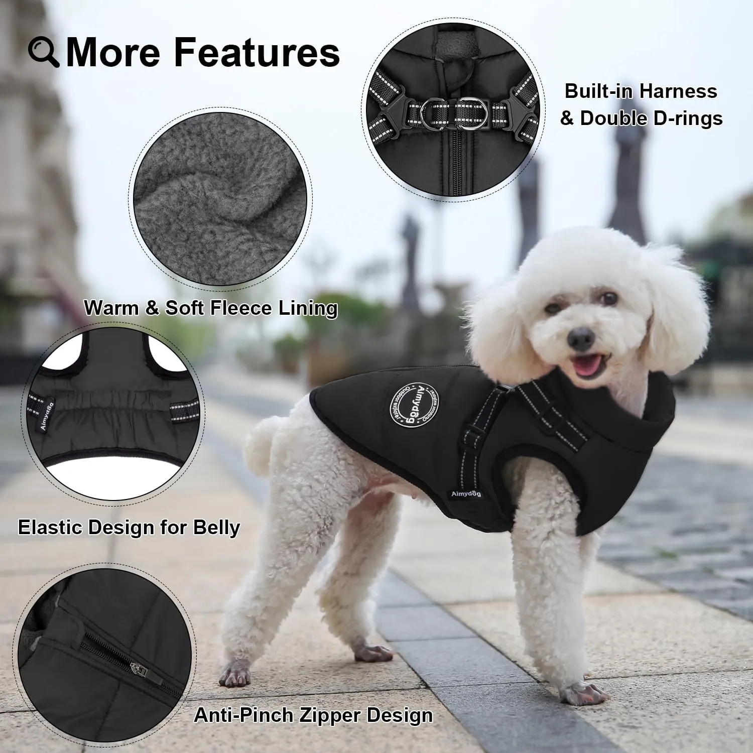 Warm Winter Coat, Fashion Sports Dog Cold Weather Jacket with Built-in Harness, Reflective & Adjustable Comfortable Pet Vest, Waterproof Windproof Apparel for Small Dogs (Black)