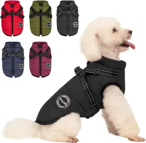 Warm Winter Coat, Fashion Sports Dog Cold Weather Jacket with Built-in Harness, Reflective & Adjustable Comfortable Pet Vest, Waterproof Windproof Apparel for Small Dogs (Black)