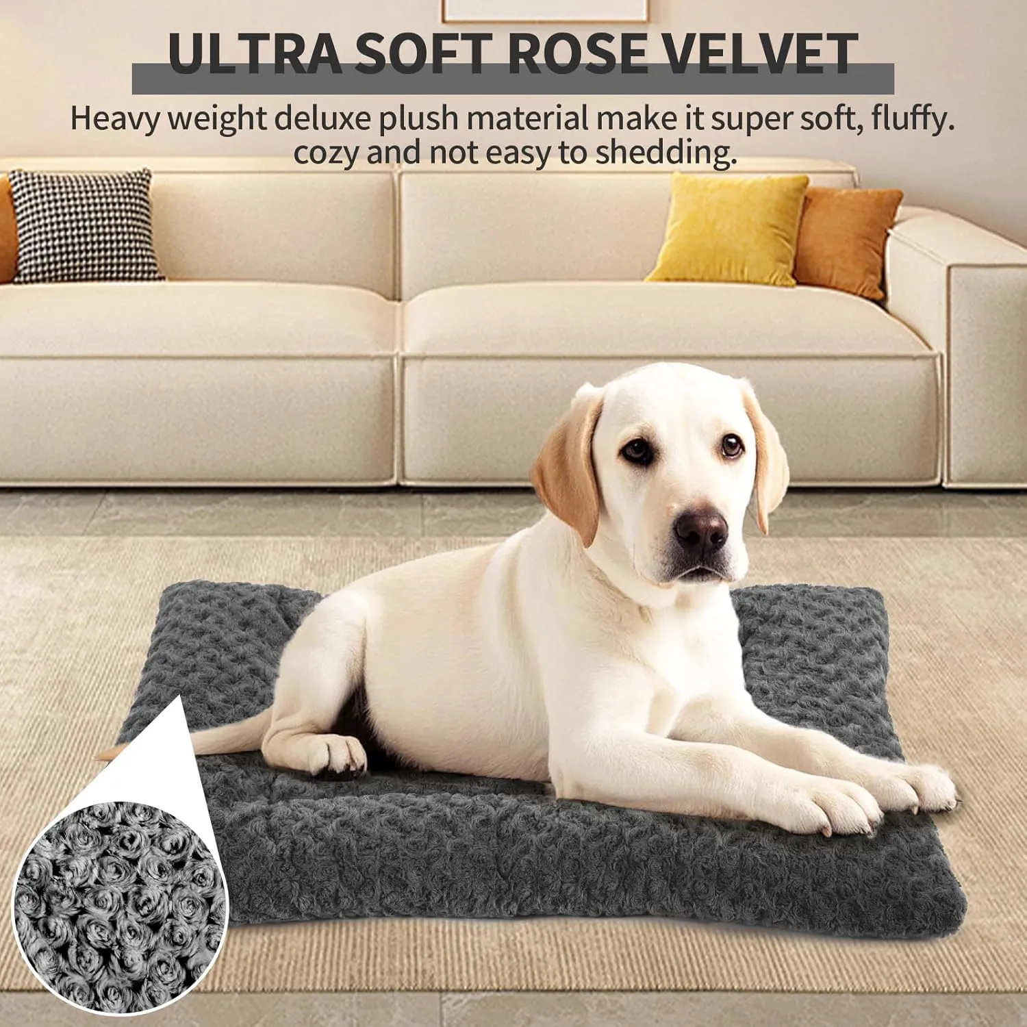 Washable Dog Bed Mat Deluxe Plush Reversible Pet Crate Pad Comfy Pet Kennel Beds Dog Sleeping Mat for Large Jumbo Medium Small Dogs, 35'' x 22'', Dark Grey