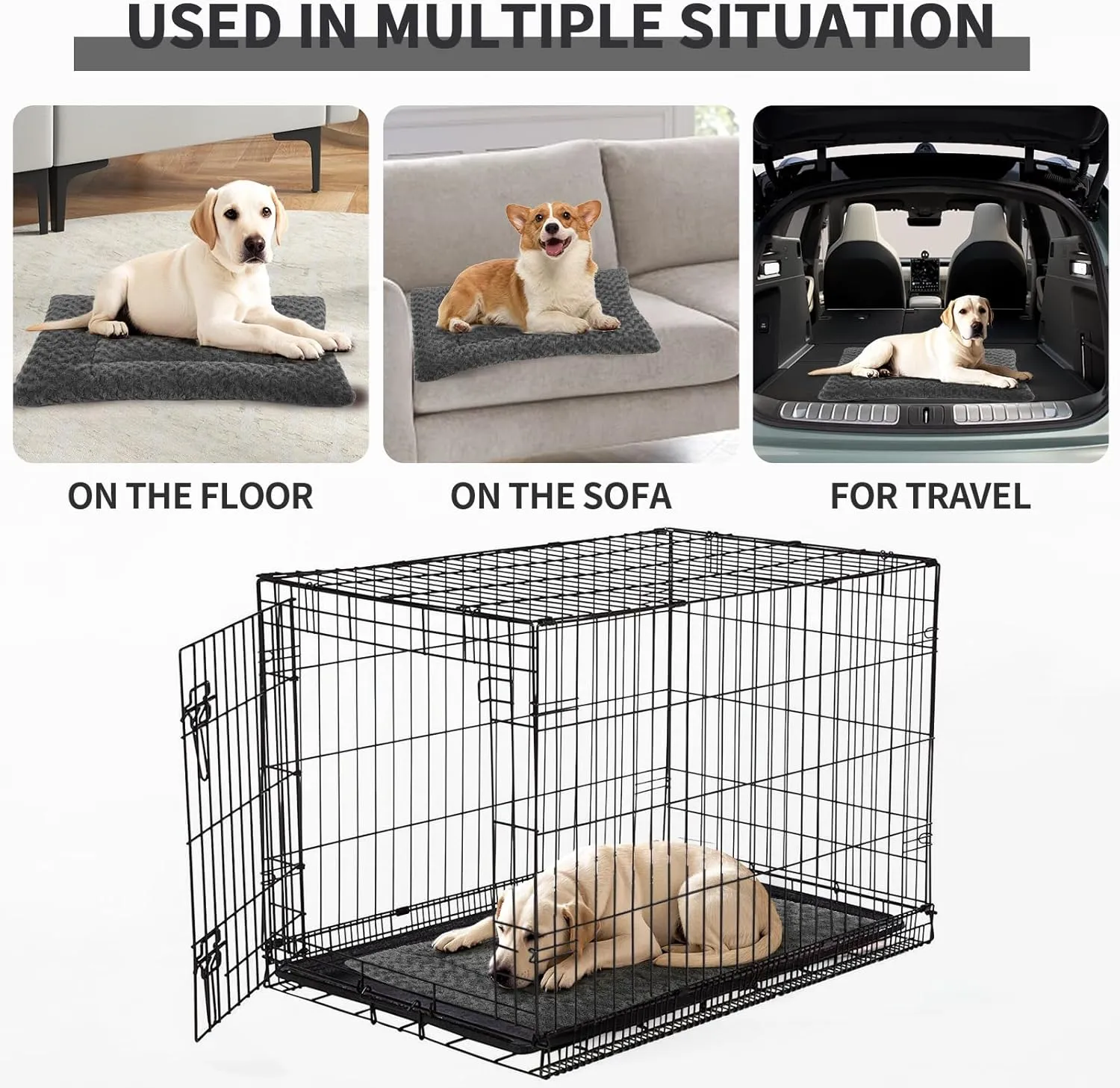 Washable Dog Bed Mat Deluxe Plush Reversible Pet Crate Pad Comfy Pet Kennel Beds Dog Sleeping Mat for Large Jumbo Medium Small Dogs, 35'' x 22'', Dark Grey
