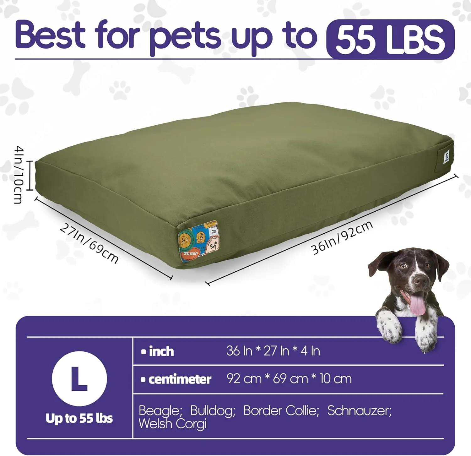 Waterproof Canvas Dog Bed with Chew-Proof Removable Cover, Ideal for Medium/Large Dogs, Washable Patio Pet Pad, 36 Inch, Green