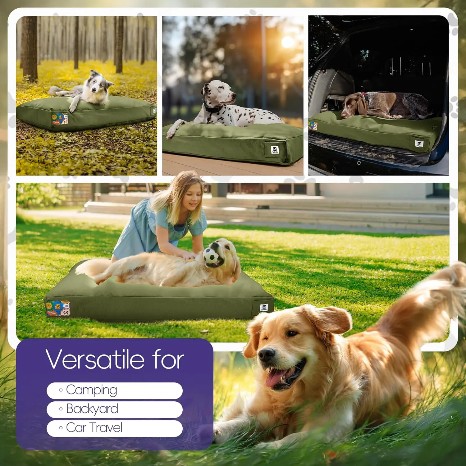 Waterproof Canvas Dog Bed with Chew-Proof Removable Cover, Ideal for Medium/Large Dogs, Washable Patio Pet Pad, 36 Inch, Green