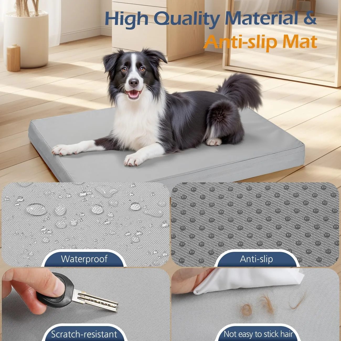 Waterproof Dog Bed Cover, Replacement Dogs Beds Covers with 3-Sided Continuous and Smooth Zipper, Washable Removable Pet Bed Mattress Protector Cover, 44x32x3 inch - XL, Cover Only, Grey