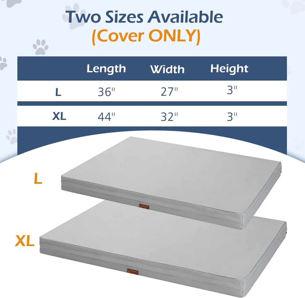 Waterproof Dog Bed Cover, Replacement Dogs Beds Covers with 3-Sided Continuous and Smooth Zipper, Washable Removable Pet Bed Mattress Protector Cover, 44x32x3 inch - XL, Cover Only, Grey