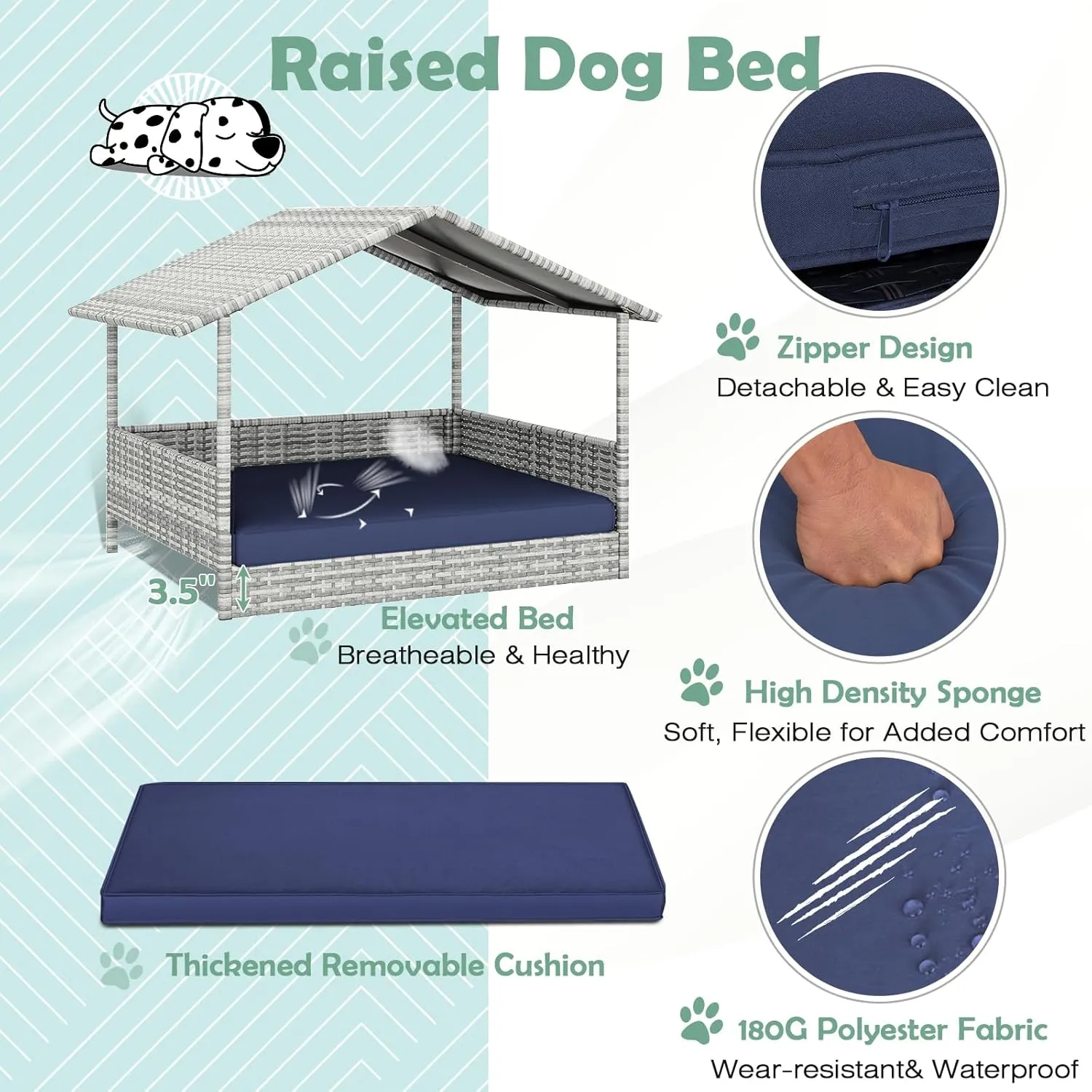 Wicker Dog House Outdoor, HDPE Rattan Dog Bed with Canopy, Raised Dog Cot Pet House, Elevated Dogs Sofa w/Washable Cover, Waterproof Roof Shelter, Removable Cushion Lounge
