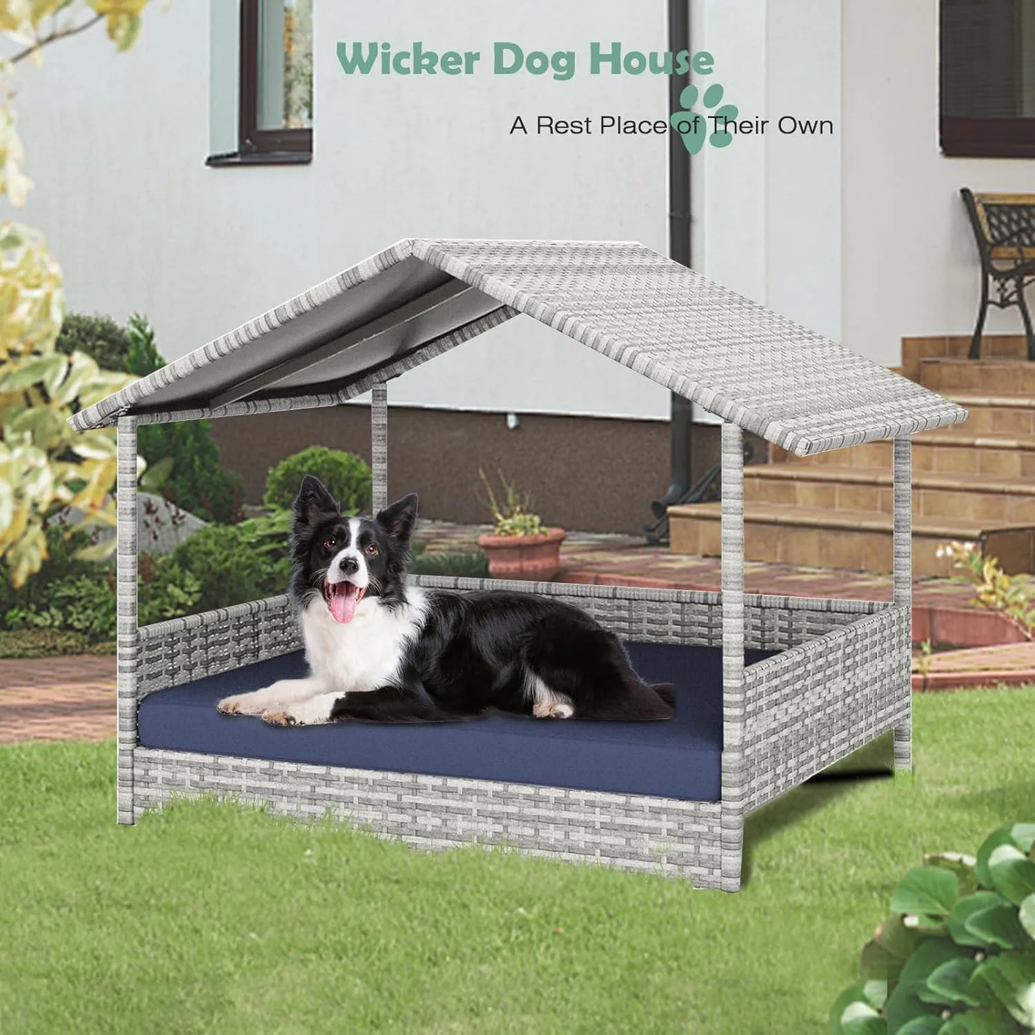 Wicker Dog House Outdoor, HDPE Rattan Dog Bed with Canopy, Raised Dog Cot Pet House, Elevated Dogs Sofa w/Washable Cover, Waterproof Roof Shelter, Removable Cushion Lounge