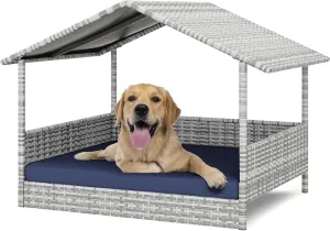 Wicker Dog House Outdoor, HDPE Rattan Dog Bed with Canopy, Raised Dog Cot Pet House, Elevated Dogs Sofa w/Washable Cover, Waterproof Roof Shelter, Removable Cushion Lounge