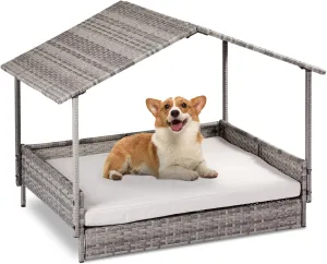 Wicker Dog House with Canopy,Elevated Rattan Dog Bed with Canopy and Washable Cushion Cover, Indoor Outdoor Raised Pet House for Small Medium Dogs Cats, Gray