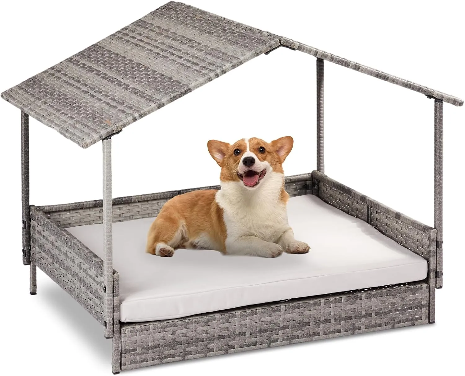 Wicker Dog House with Canopy,Elevated Rattan Dog Bed with Canopy and Washable Cushion Cover, Indoor Outdoor Raised Pet House for Small Medium Dogs Cats, Gray