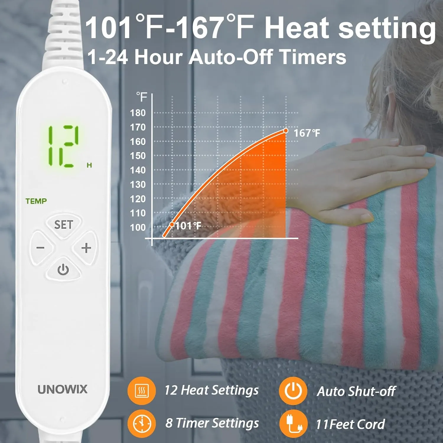 XL Electric Heating Pad for Back Pain Relief - 12 Heat Levels, 8 Timers, Moist Heat Option, Cute Plush Heat Pad, Gifts for Women, Men, Mom, Dad, Machine Washable-Rainbow-L(12" x 24")