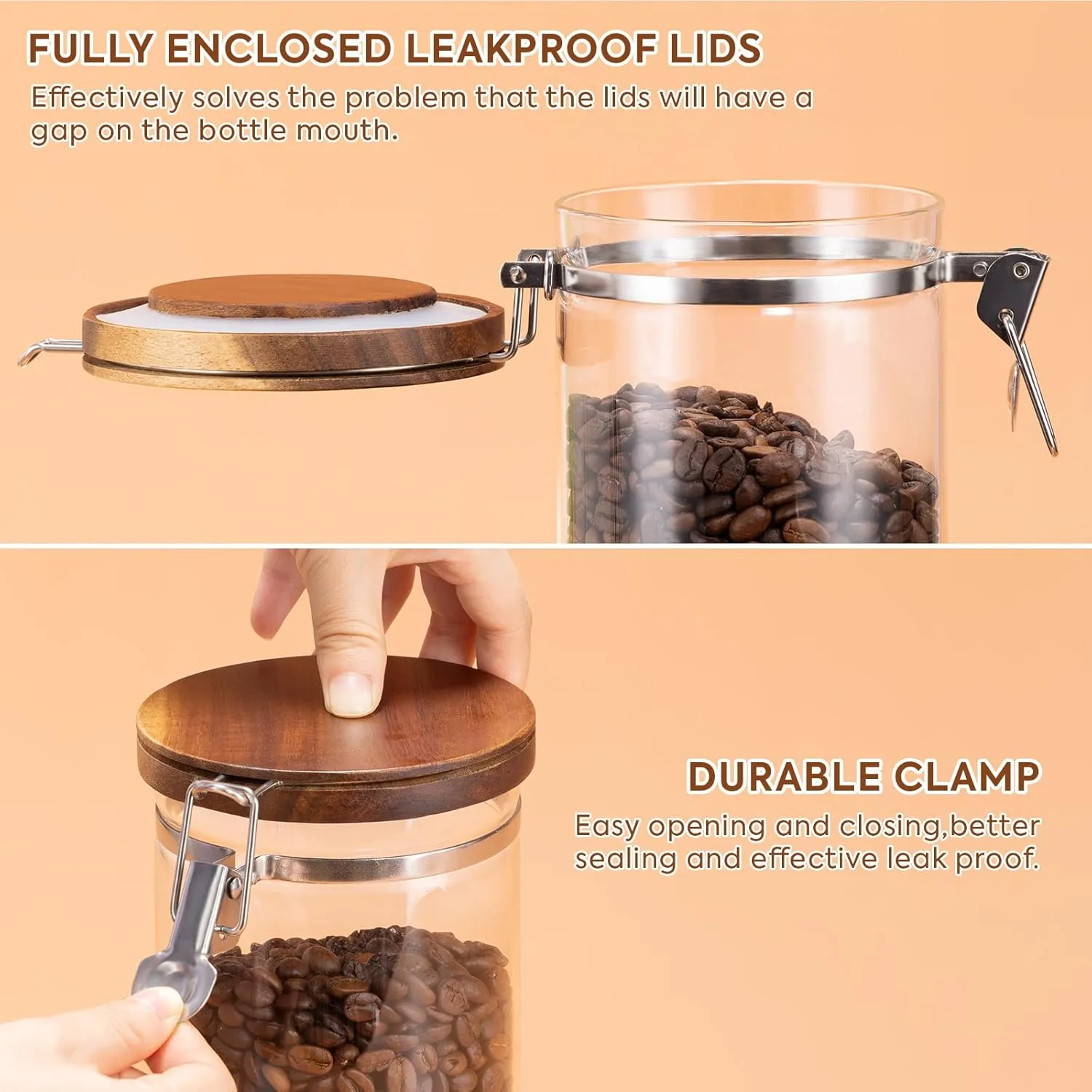 Yangbaga Glass Sugar Coffee Canister with Shelf, 3 x 45OZ Coffee Bean Containers Storage Station Organizer with Airtight Locking Clamp and Log Coffee Scoop, Food Storage Canisters Sets for Kitchen